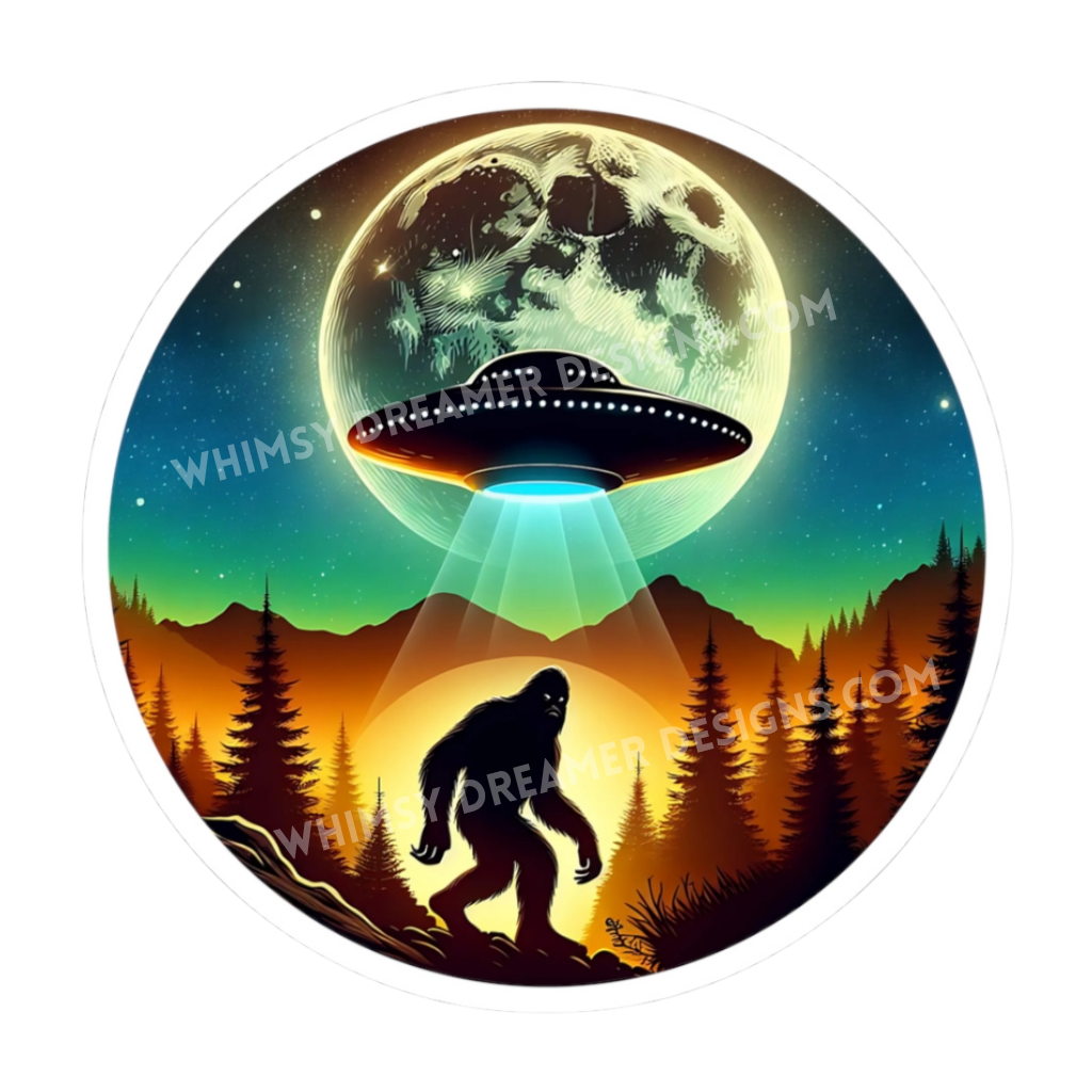 Sasquatch UFO Abduction Moon Sticker