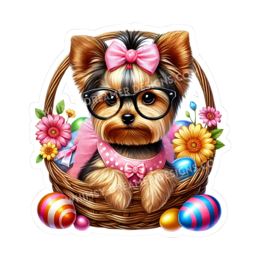 Yorkie Easter basket sticker with a Yorkshire Terrier wearing glasses and a pink bow, surrounded by flowers and colorful eggs