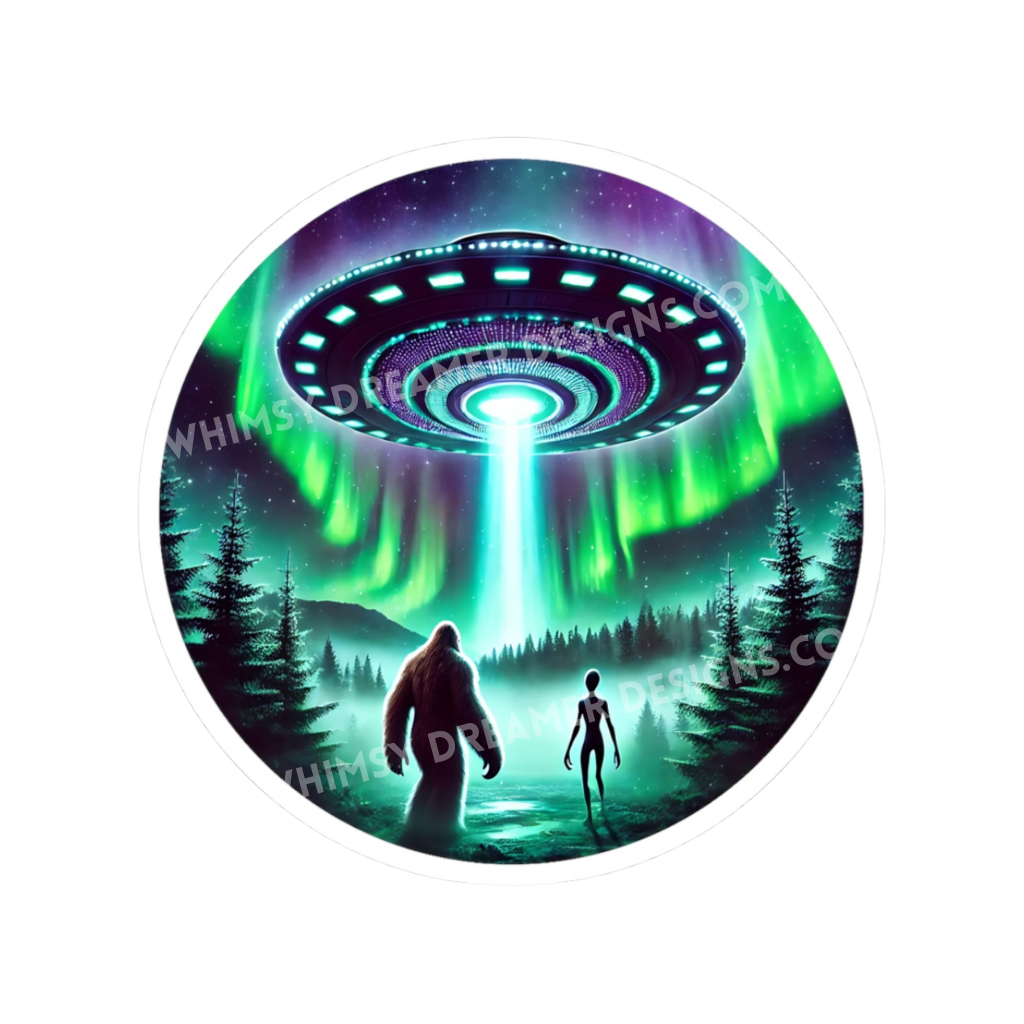 Bigfoot alien northern lights sticker with a UFO above a forest clearing and Sasquatch and alien silhouettes below