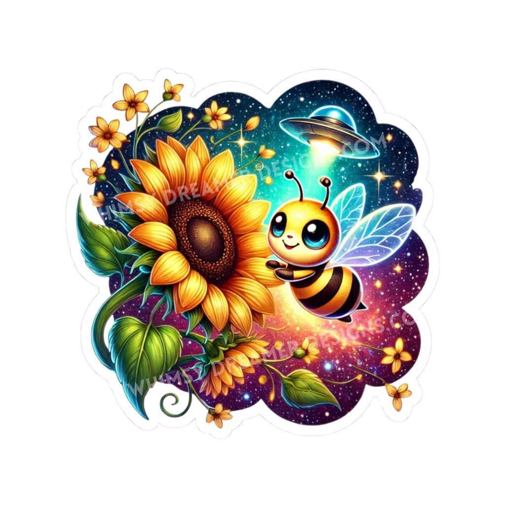 Alien bee sunflower sticker with a cute honeybee, large sunflower, UFO, and starry cosmic background