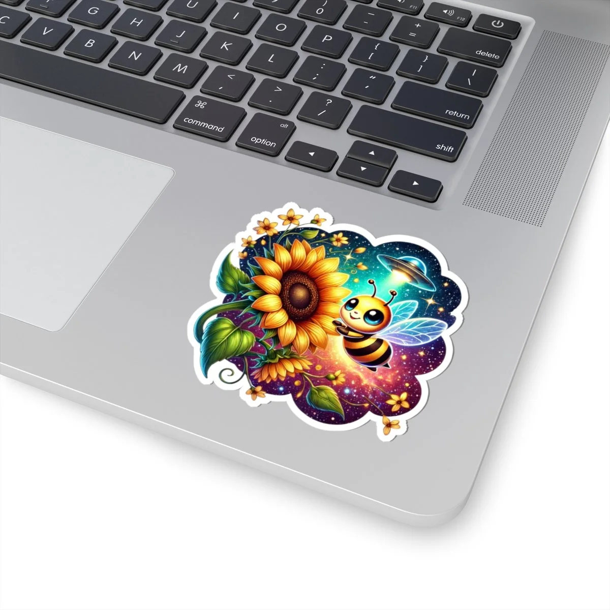 Alien bee sunflower sticker with a cute honeybee, large sunflower, UFO, and starry cosmic background