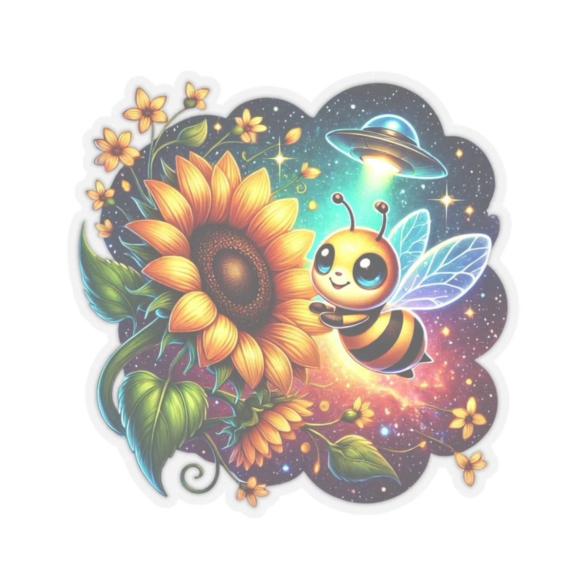 Alien bee sunflower sticker with a cute honeybee, large sunflower, UFO, and starry cosmic background