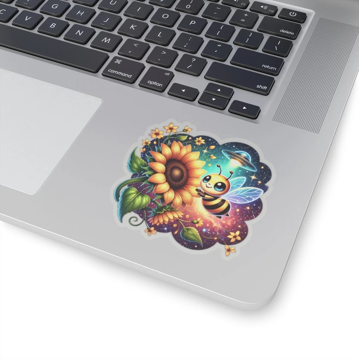 Alien bee sunflower sticker with a cute honeybee, large sunflower, UFO, and starry cosmic background
