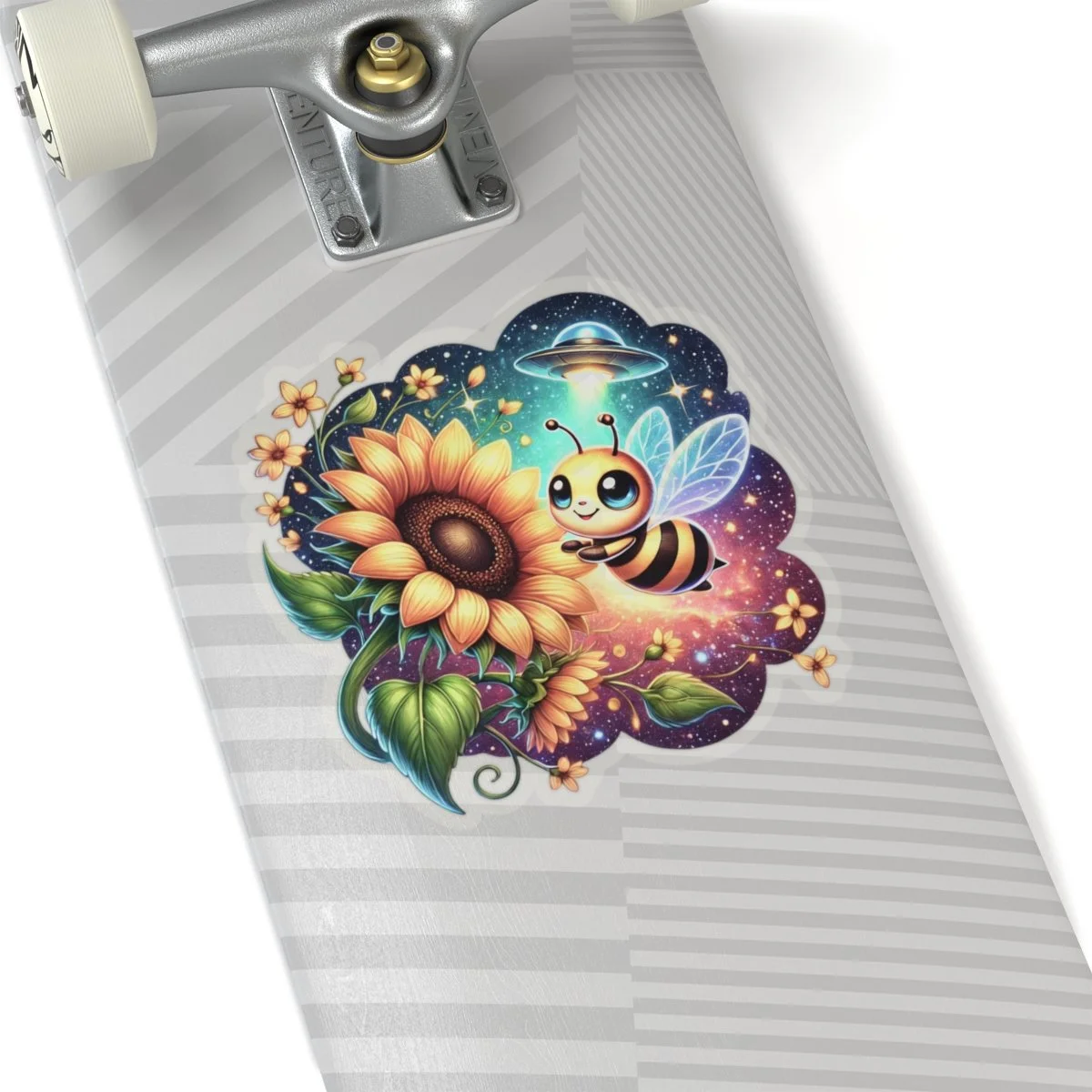 Alien bee sunflower sticker with a cute honeybee, large sunflower, UFO, and starry cosmic background