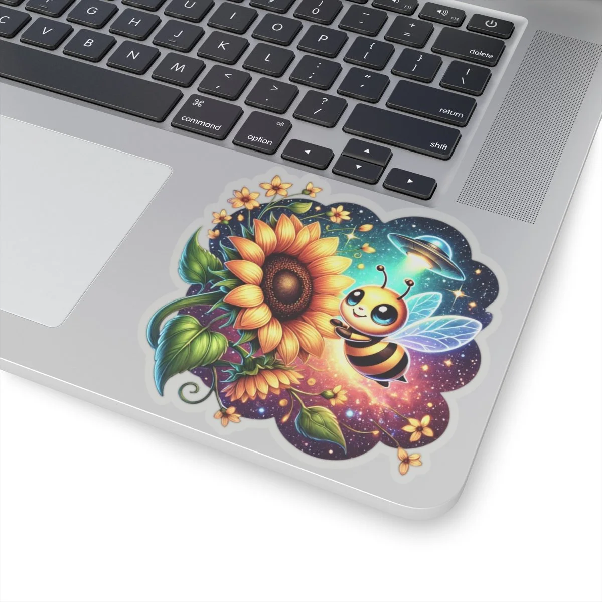 Alien bee sunflower sticker with a cute honeybee, large sunflower, UFO, and starry cosmic background