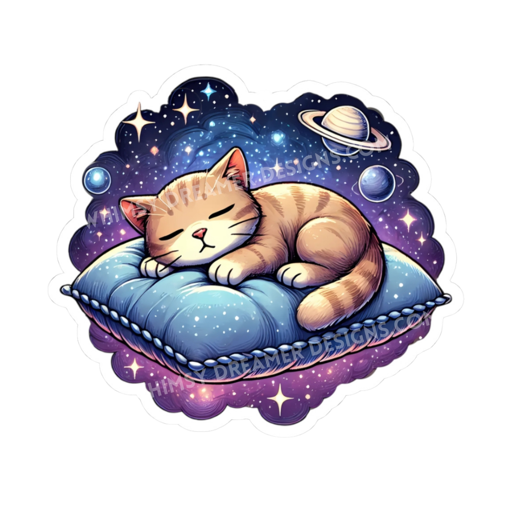 Sleeping space cat sticker with a curled orange cat resting on a blue pillow against a galaxy background with planets and stars