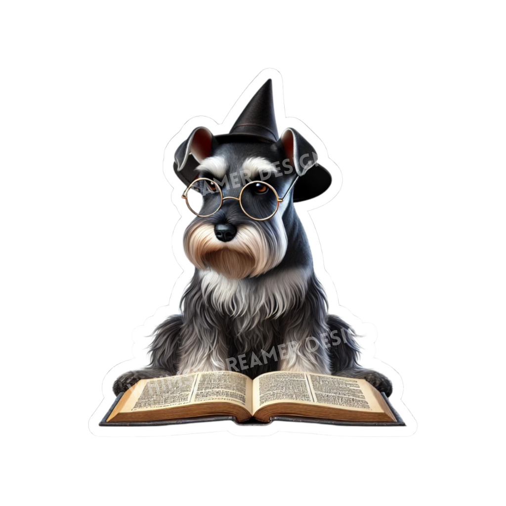 Miniature Schnauzer witch sticker with round glasses, a pointed hat, and an open book