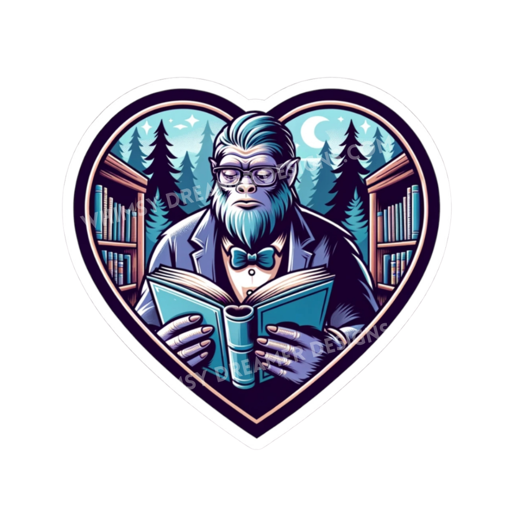 Bookish Bigfoot heart sticker with a reading Sasquatch wearing glasses and a bow tie inside a library scene