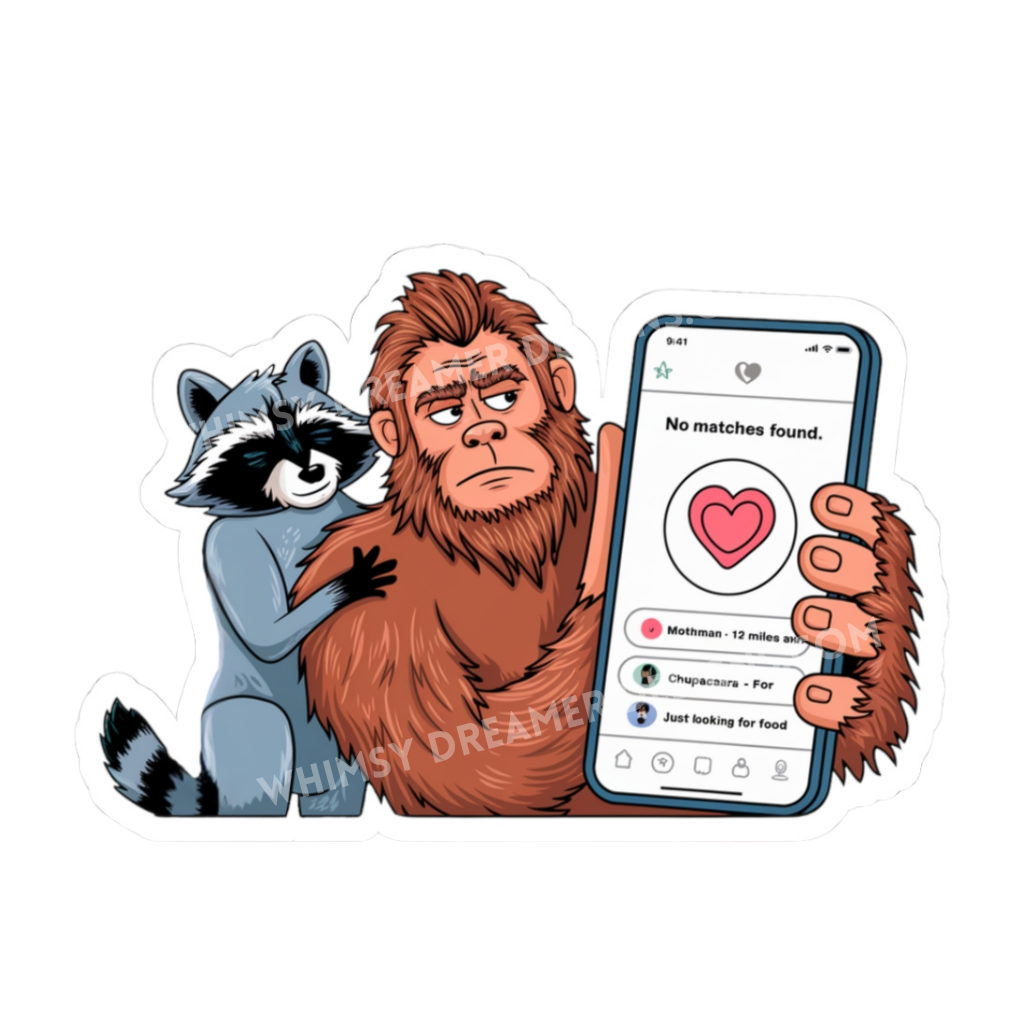 Funny Bigfoot dating app sticker with Sasquatch holding a phone that says “No matches found” while a raccoon peeks over his shoulder