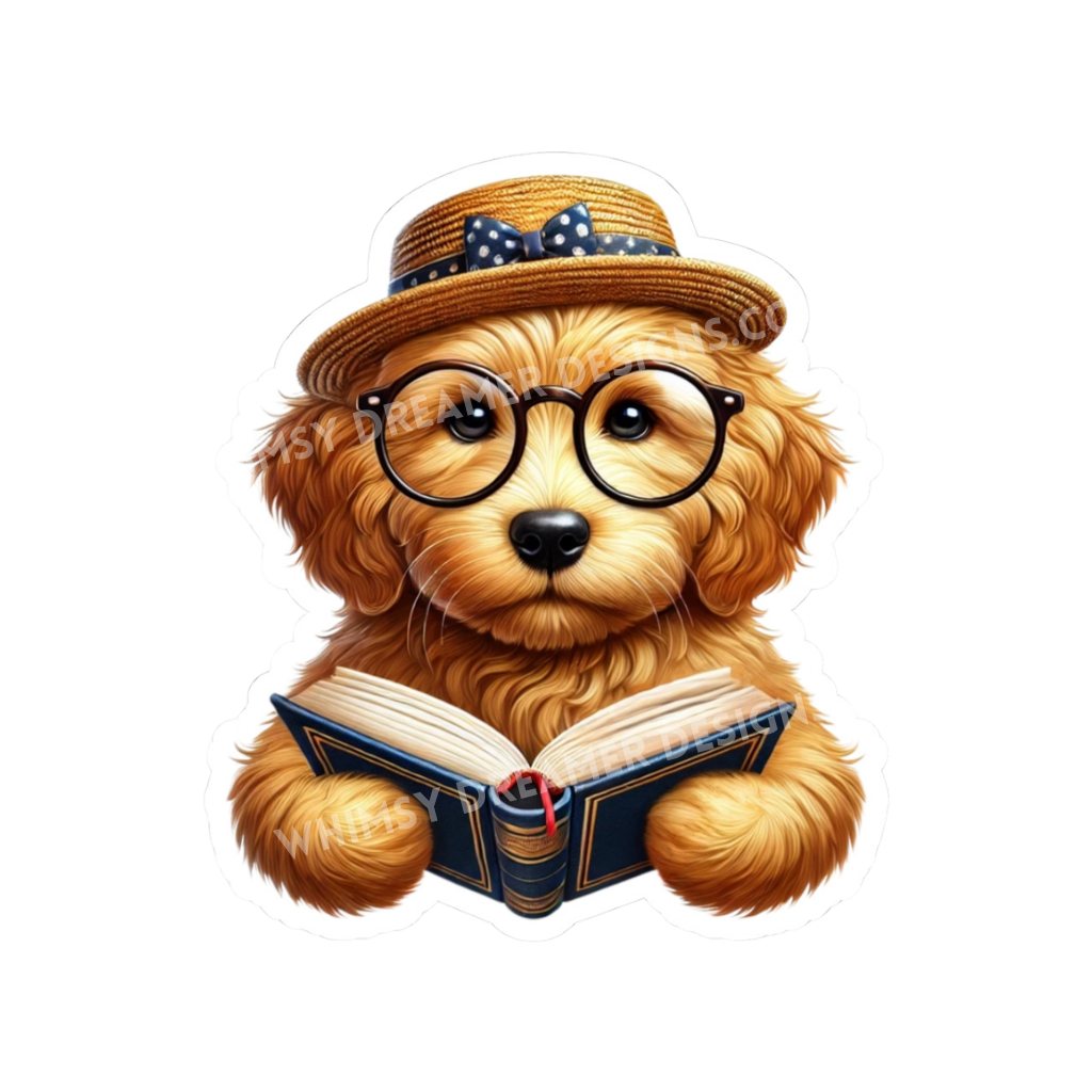 Bookish Goldendoodle sticker with a fluffy puppy wearing round glasses and a straw hat while reading an open book