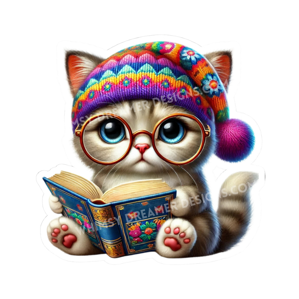 Reading kitten sticker with a cat in round glasses and a colorful knit hat holding an open blue book