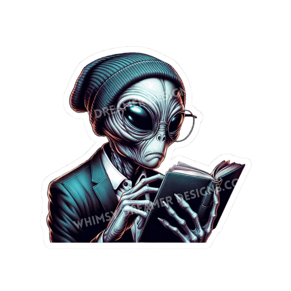Bookish alien sticker with a reading alien wearing glasses and a beanie while holding an open book