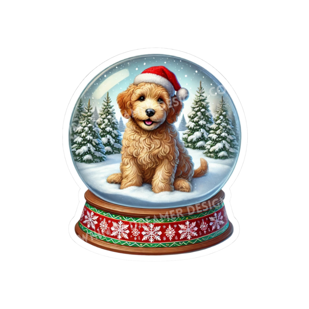 Goldendoodle Christmas snow globe sticker with a curly puppy wearing a Santa hat in a snowy winter scene