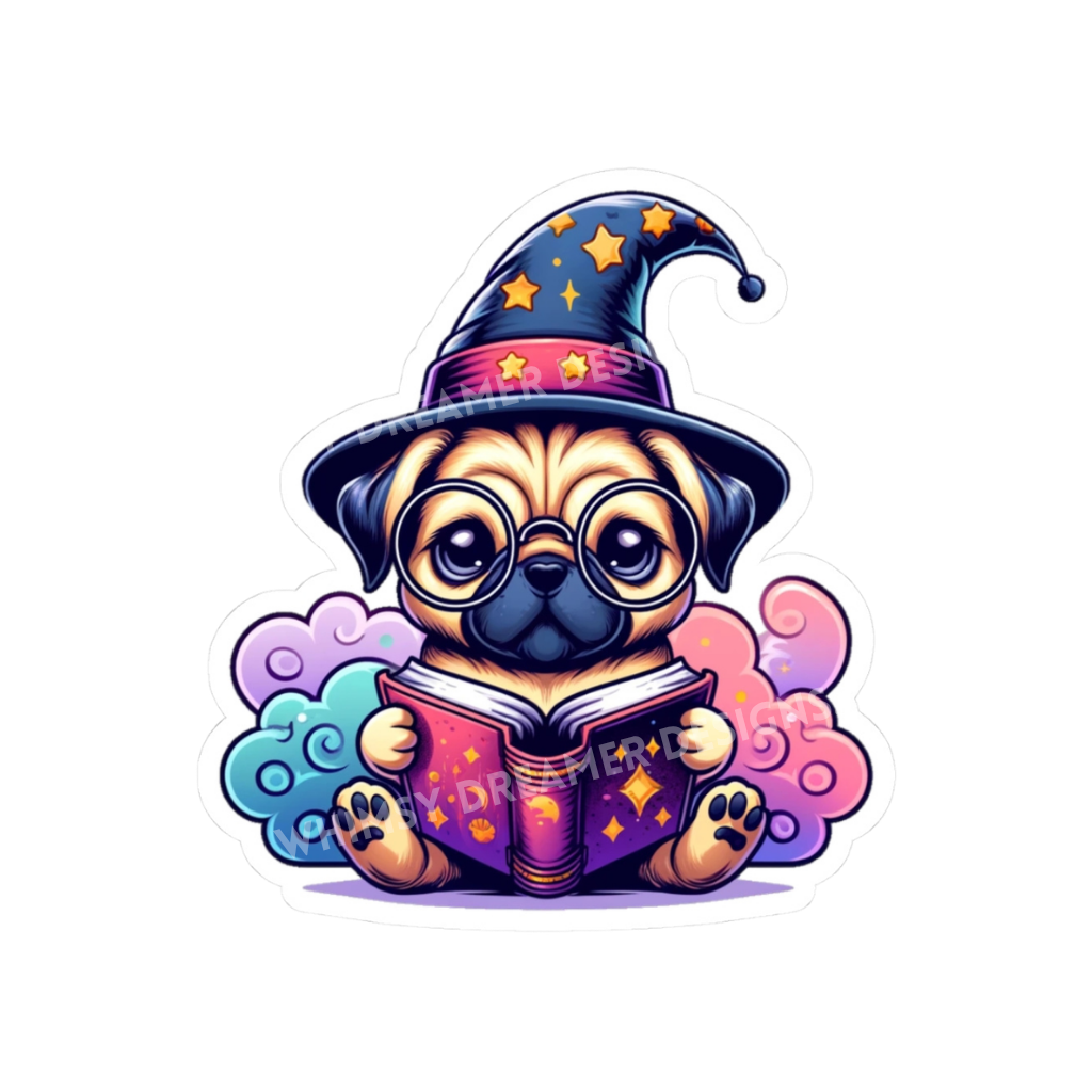 Cute pug wearing round glasses and a starry wizard hat while holding an open book