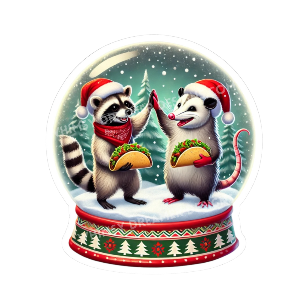 Raccoon and opossum Christmas taco sticker with the animals in Santa hats high-fiving inside a holiday snow globe