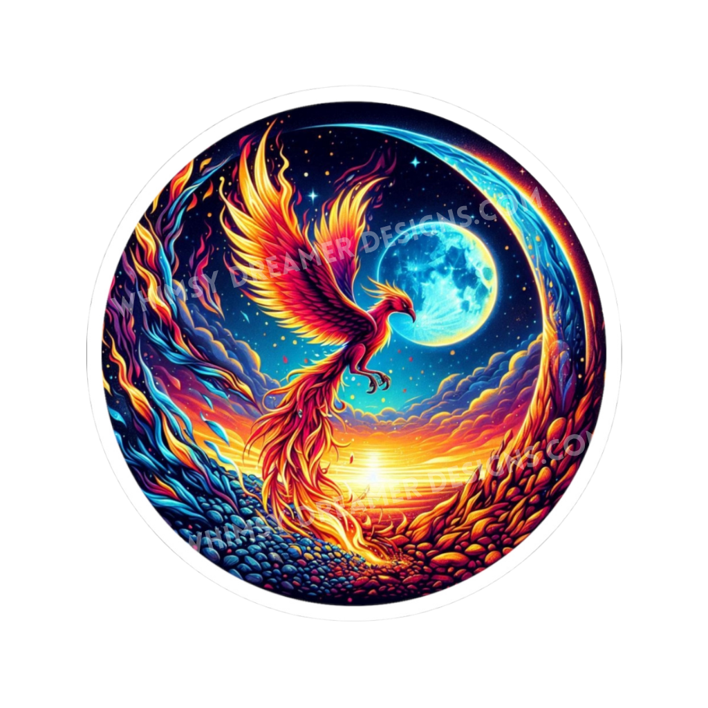 Celestial phoenix sticker with a firebird in flight beneath a bright moon in a dramatic fantasy sky