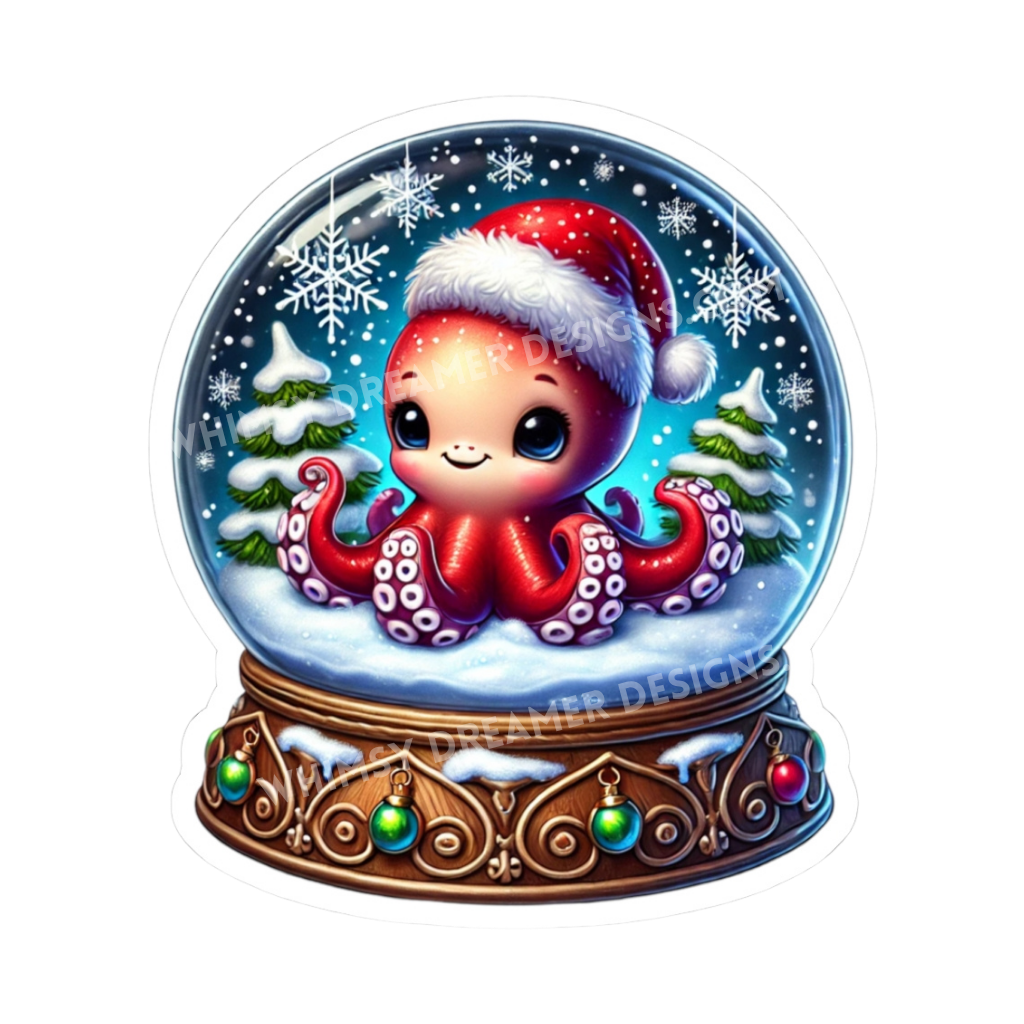 Christmas octopus snow globe sticker with a cute red octopus wearing a Santa hat inside a snowy winter globe