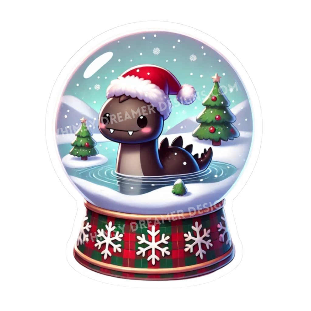Christmas Nessie snow globe sticker with a cute Loch Ness Monster wearing a Santa hat in a snowy winter scene