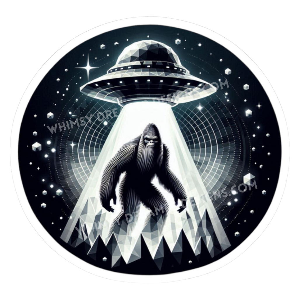 Geometric Bigfoot UFO sticker with a black and white Sasquatch standing in a saucer beam under a starry sky