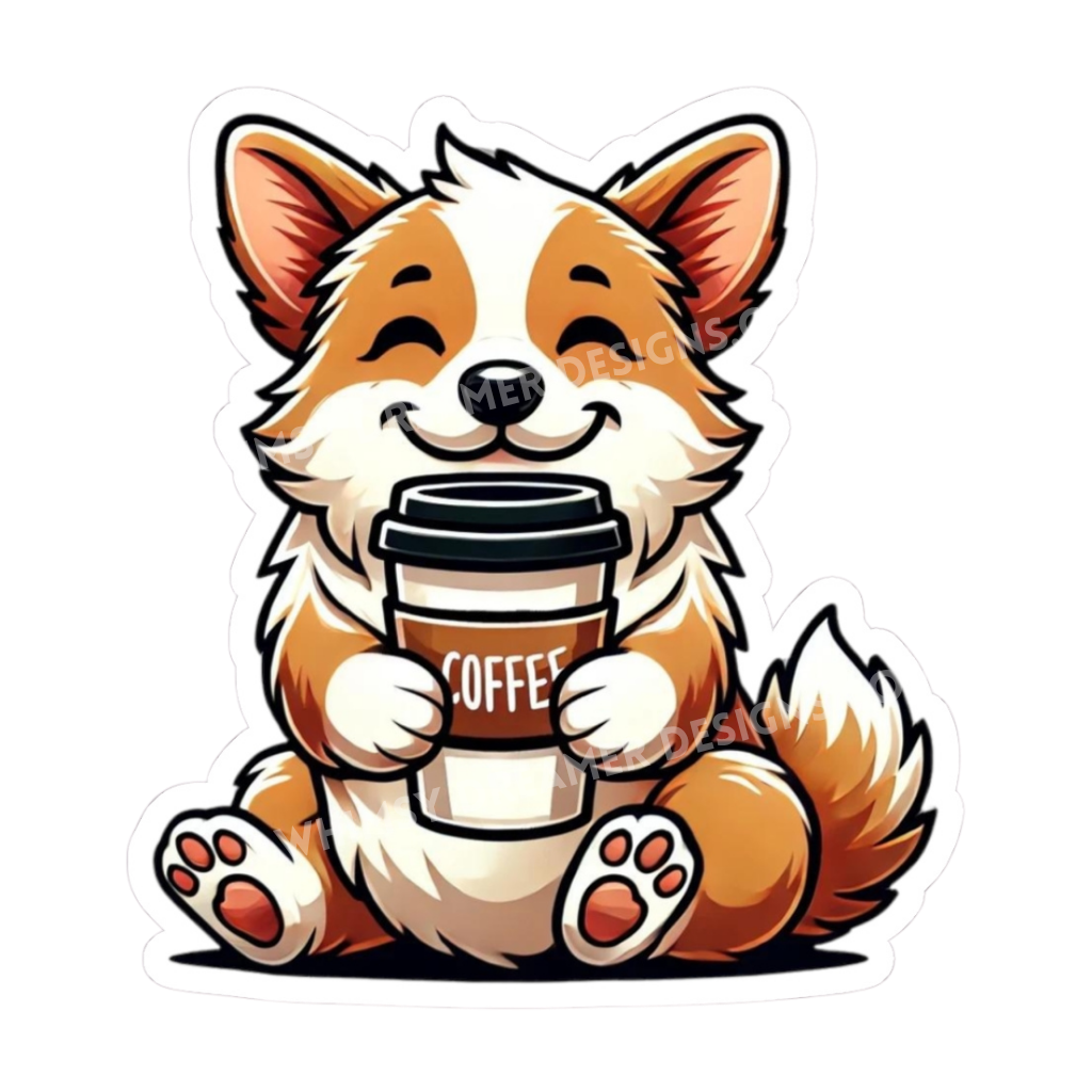 Cute corgi sticker with a smiling corgi holding a coffee cup
