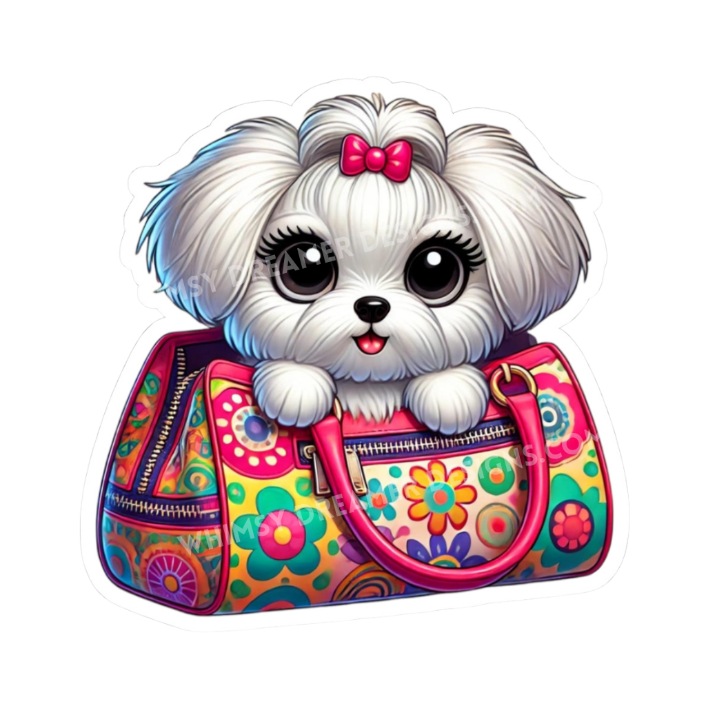 Maltese purse puppy sticker with a fluffy white dog wearing a pink bow and sitting inside a colorful floral handbag