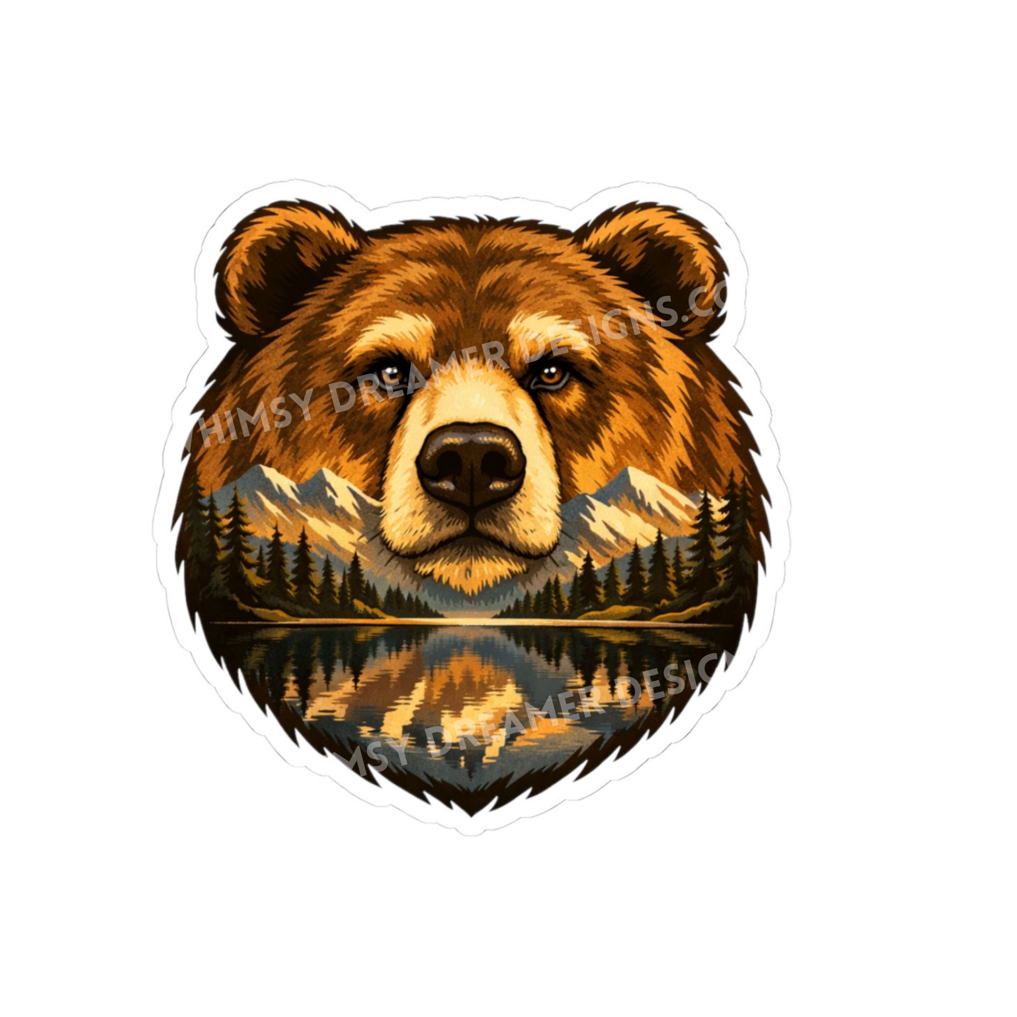 Grizzly bear reflection sticker with a mountain lake, pine trees, and wilderness landscape inside the bear design