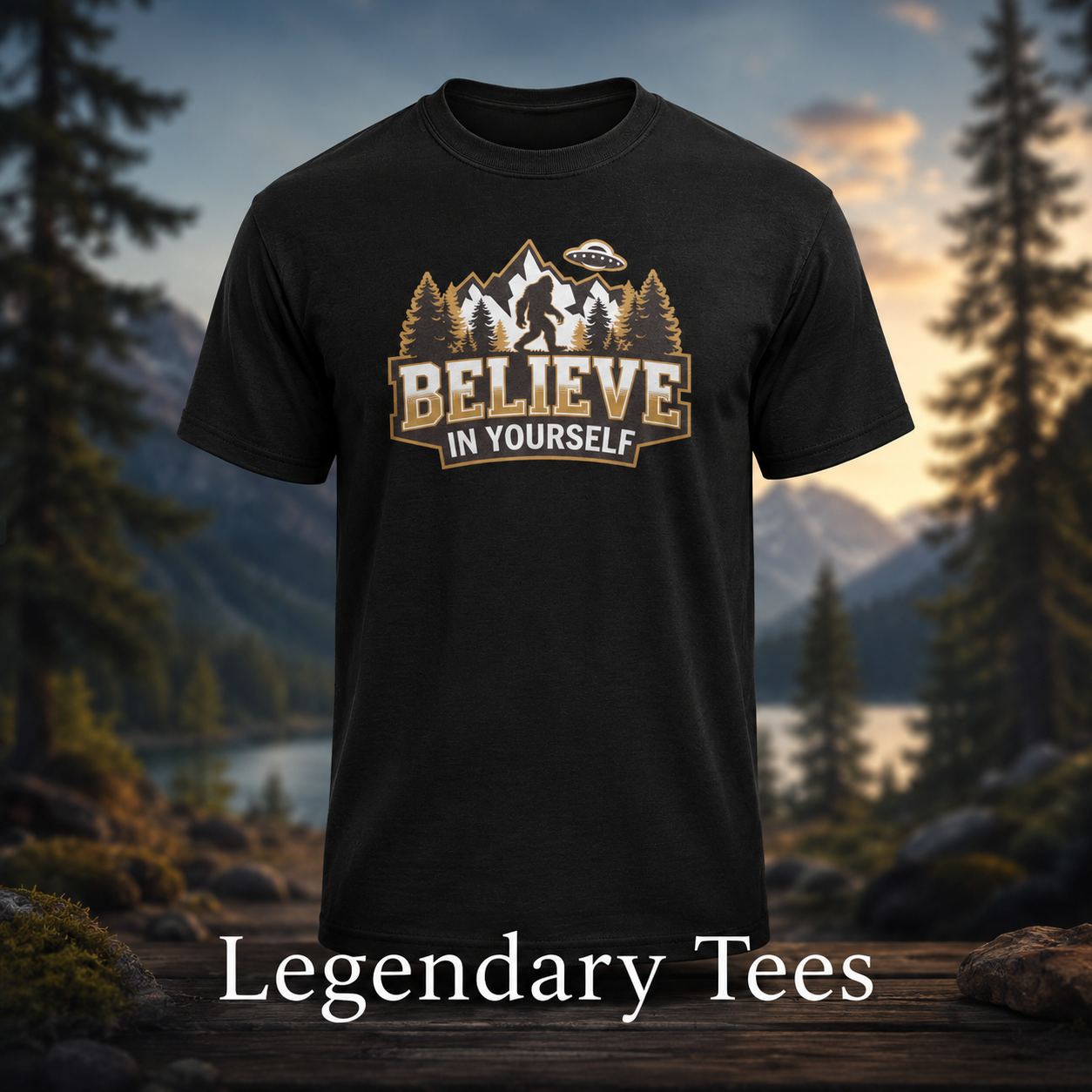 Shop unisex graphic T-shirts from Whimsy Dreamer Designs, shown with a black Bigfoot UFO shirt in a mountain forest setting.