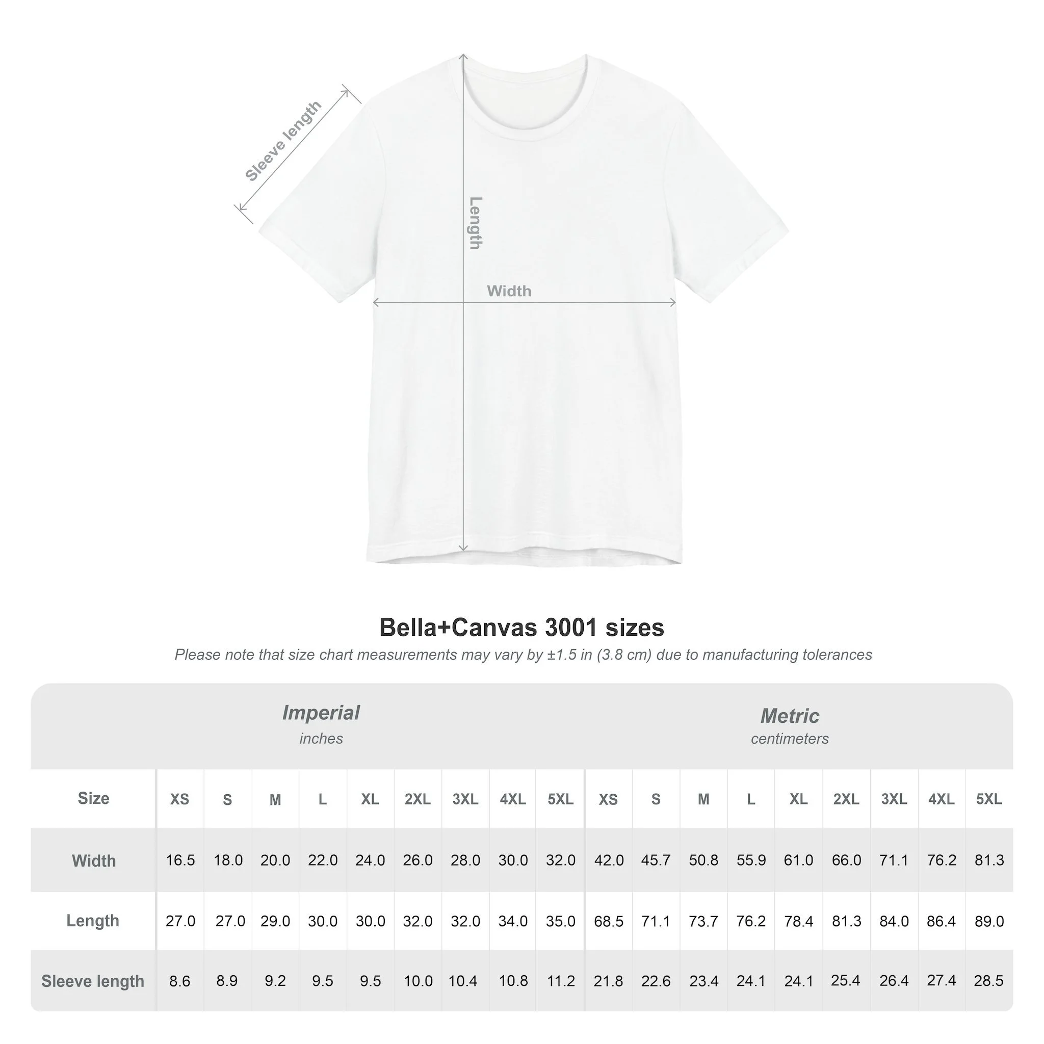 Size chart for Bella+Canvas 3001 t-shirts, showing measurements for width, length, and sleeve length in inches and centimeters.
