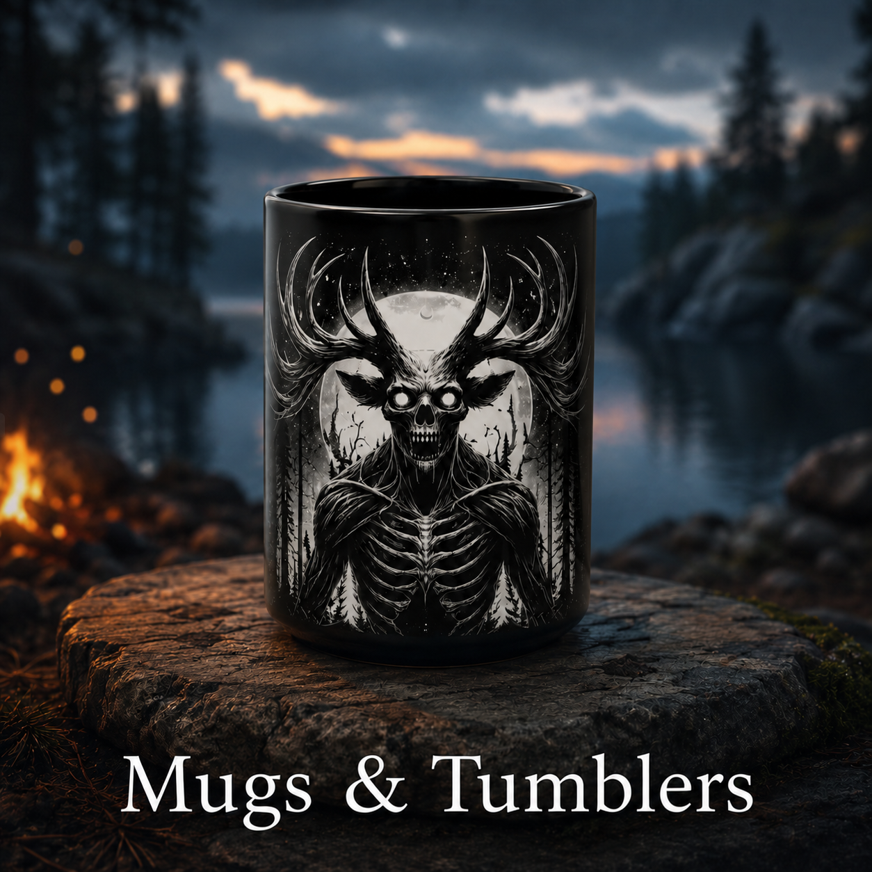 Shop mugs and tumblers from Whimsy Dreamer Designs, shown with a black tumbler featuring a woodland horror design in a moonlit forest setting.