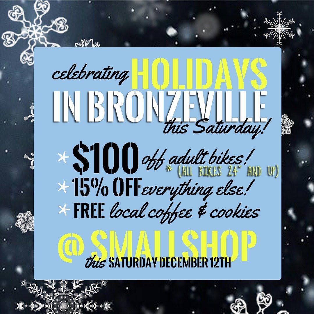 Come on by this Saturday afternoon and lift your spirits with some cookies from @emechecakery and coffee from Sip &amp; Savor Bronzeville! We're having a flash sale on adult bikes; $100 off!  Also take 15% off anything else (lights, tools, locks, or 