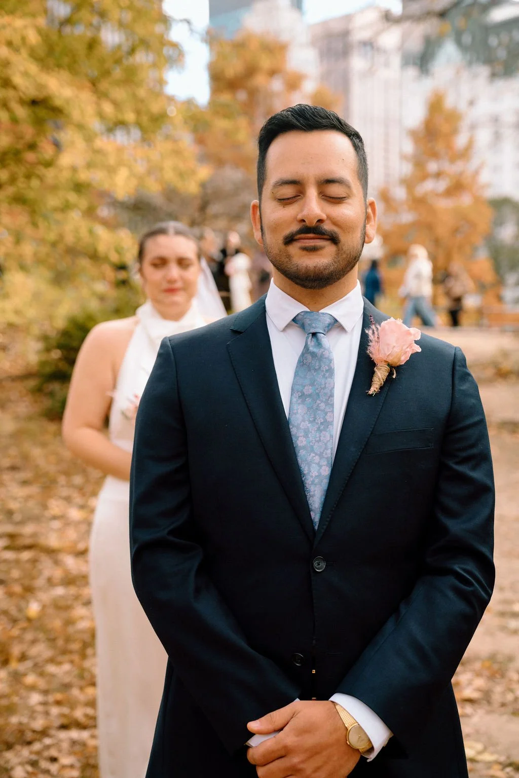 emotional bride and groom first look during a fall central park elopement