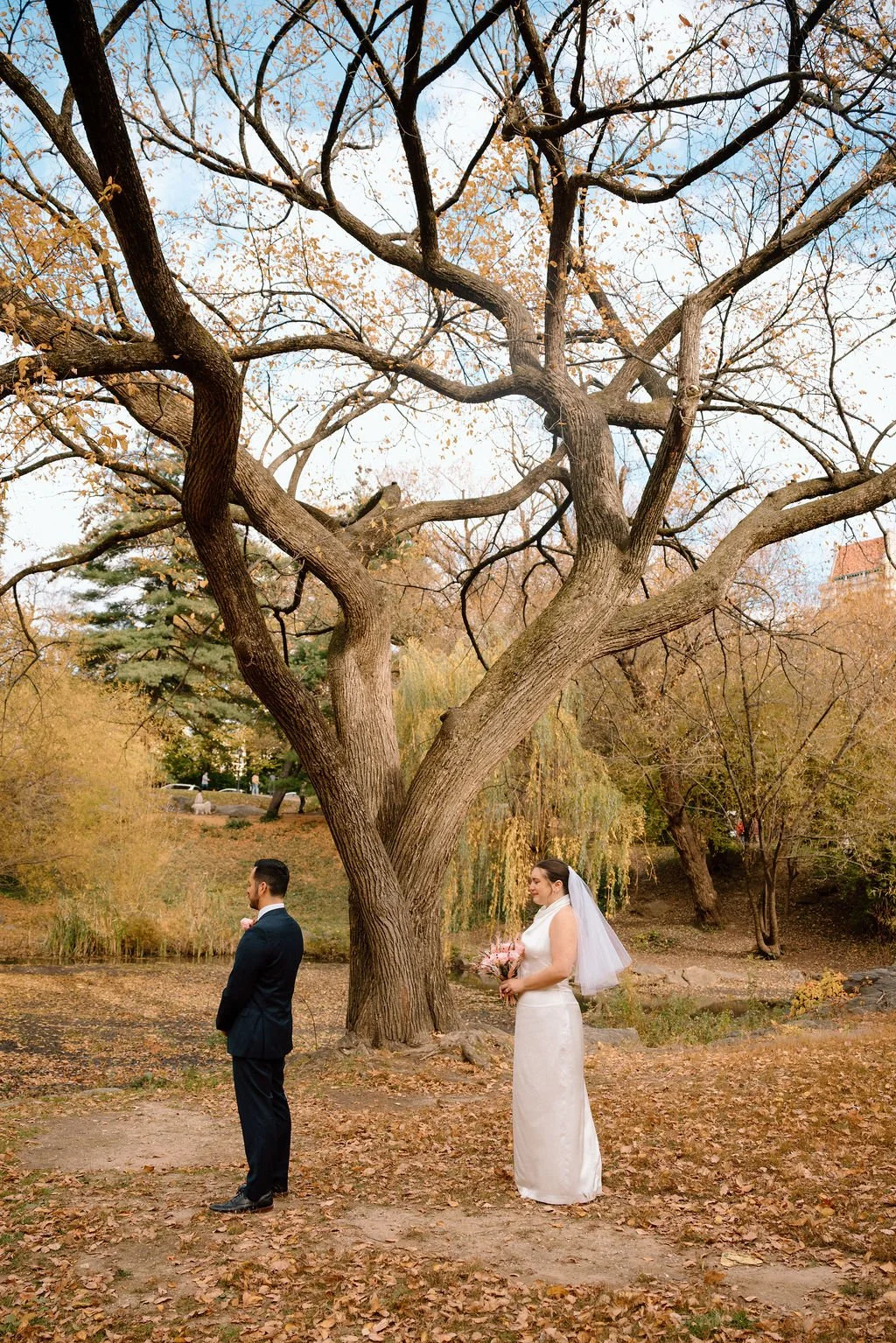 emotional bride and groom first look during a fall central park elopement