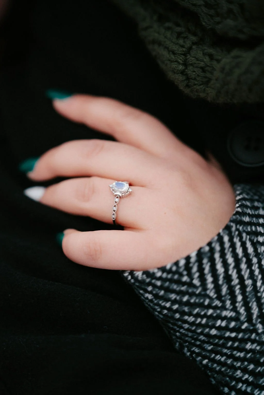 close up of a sparkly engagement ring