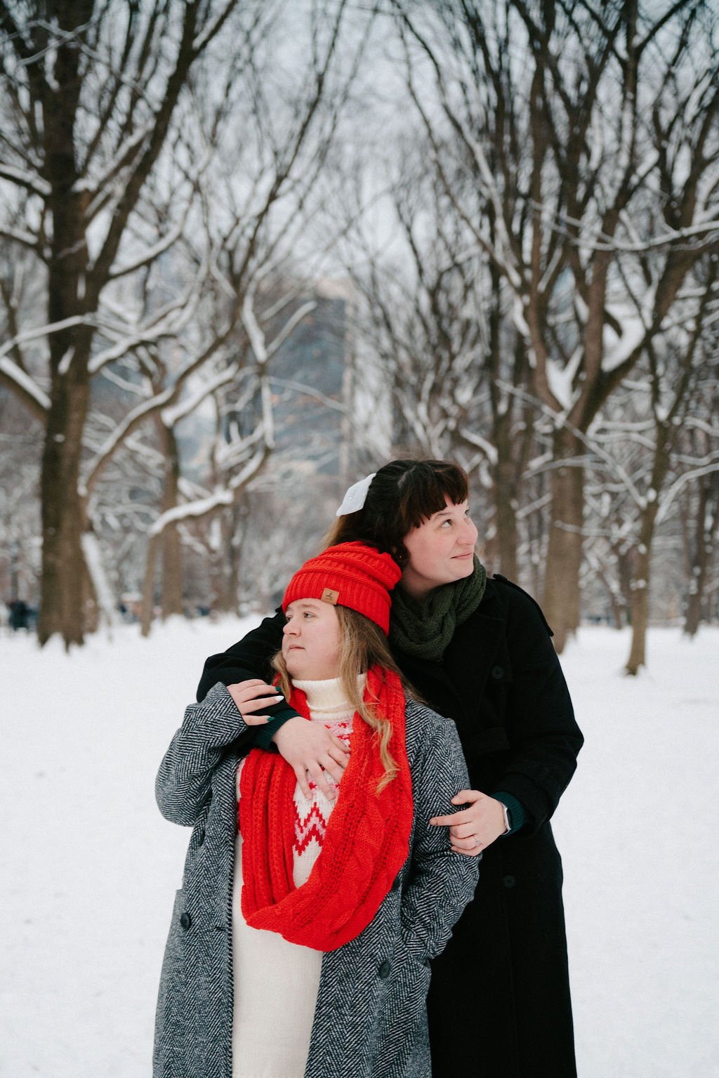 snowy central park engagement photos
