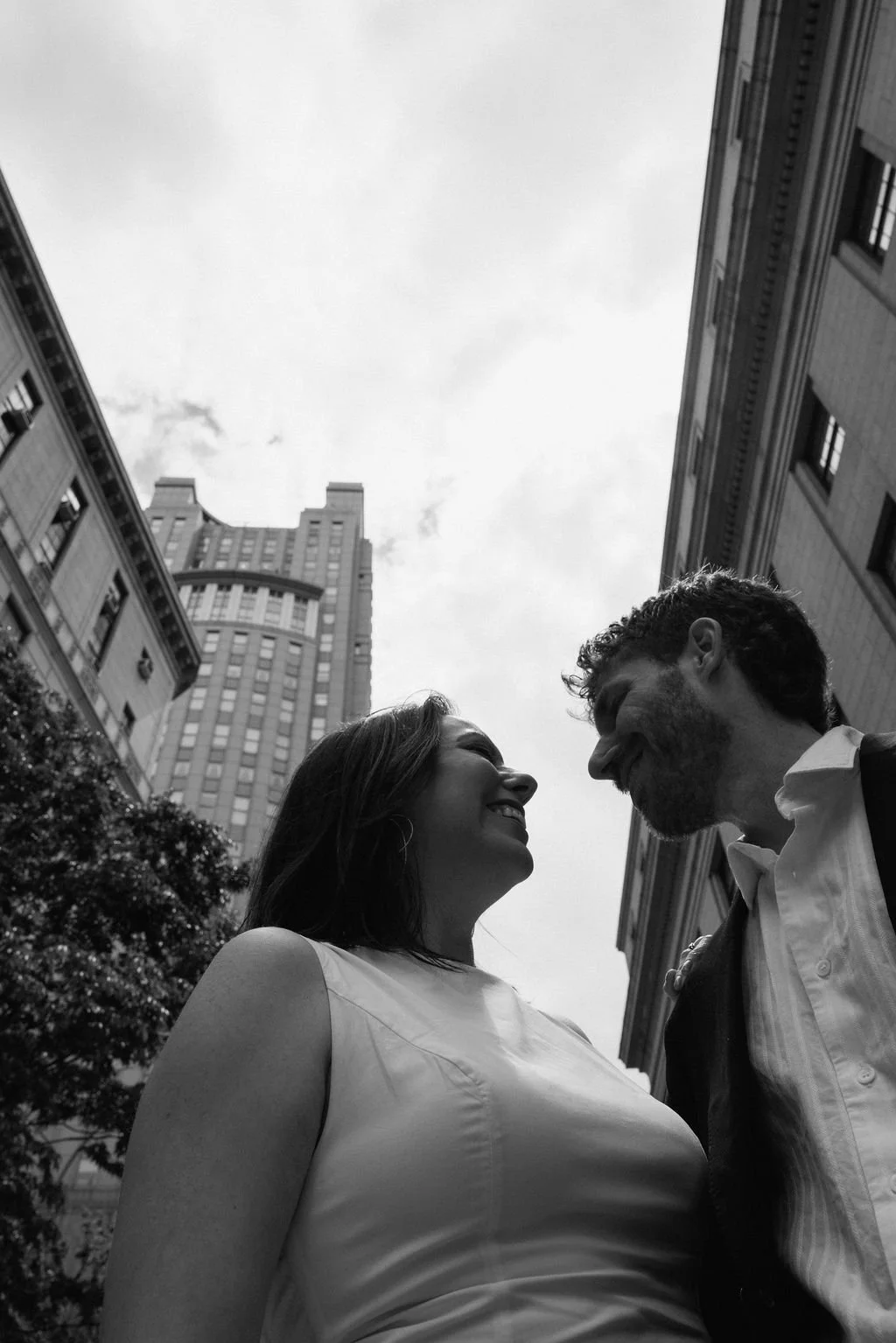 Couple celebrating their courthouse wedding in downtown Manhattan.