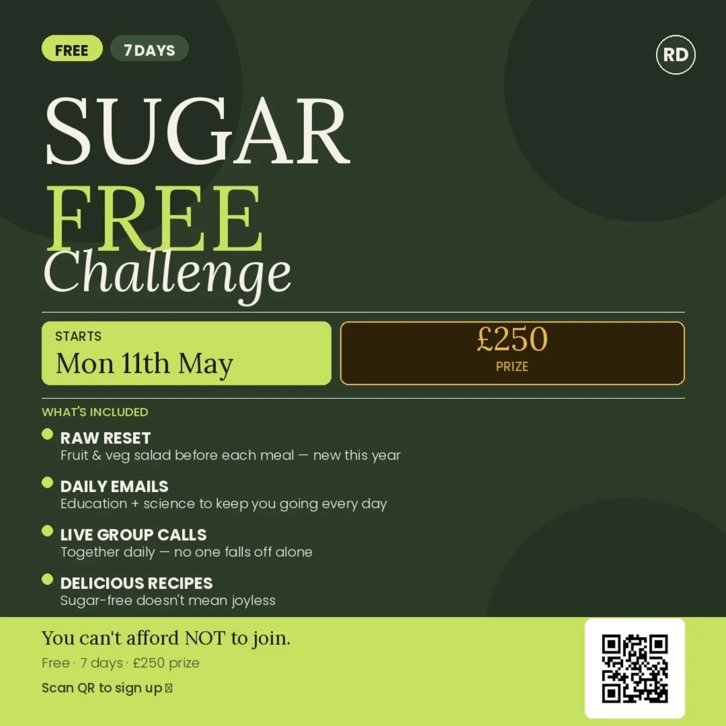 Happy Bank Holiday! Quick question, how are you actually feeling right now? The real answer. The afternoon crashes, the cravings, the skin, the sleep...

What if 7 days could change all that? For FREE 

My Sugar Free Challenge is back, and this year 