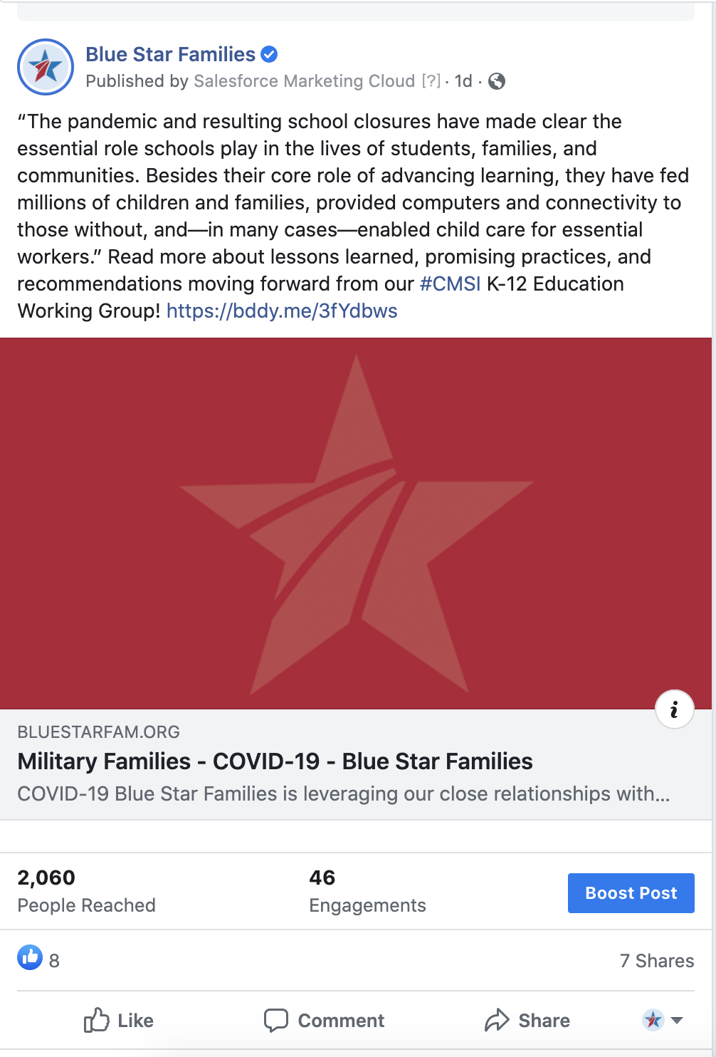 Red background with a star emblem in the center, part of a social media post from Blue Star Families about military families and COVID-19.