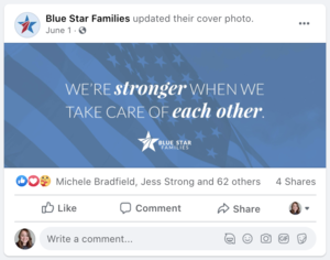 Blue background with white text that reads 'WE'RE stronger WHEN WE TAKE CARE OF each other,' with a blue star logo and additional branding from Blue Star Families.