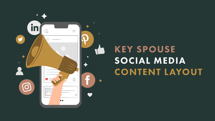 A hand holding a megaphone in front of a smartphone screen with social media icons like LinkedIn, Twitter, Pinterest, Instagram, Facebook, and heart icons, with text 'Key Spouse Social Media Content Layout' on a dark background.