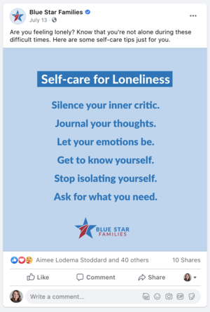 Social media post by Blue Star Families encouraging self-care for loneliness with tips like silence your inner critic, journal thoughts, let emotions be, get to know yourself, stop isolating, and ask what you need.