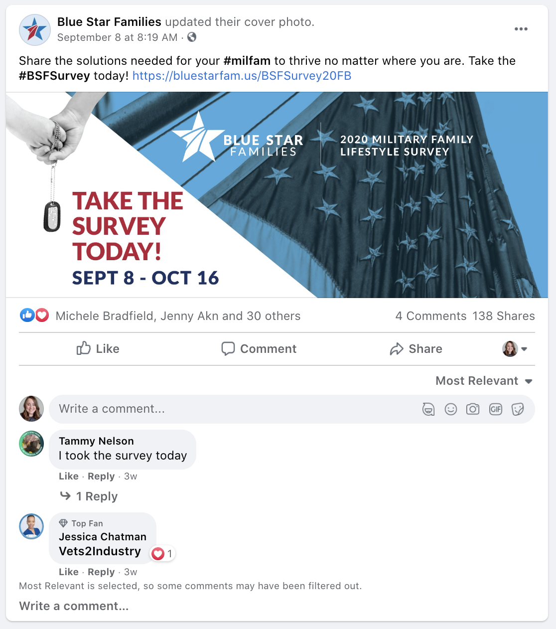 A promotional graphic for the Blue Star Families 2020 Military Family Lifestyle Survey with the headline 'Take the Survey Today! September 8- October 16,' featuring a blue background, a section of a decorated blue military flag, and an image of a han