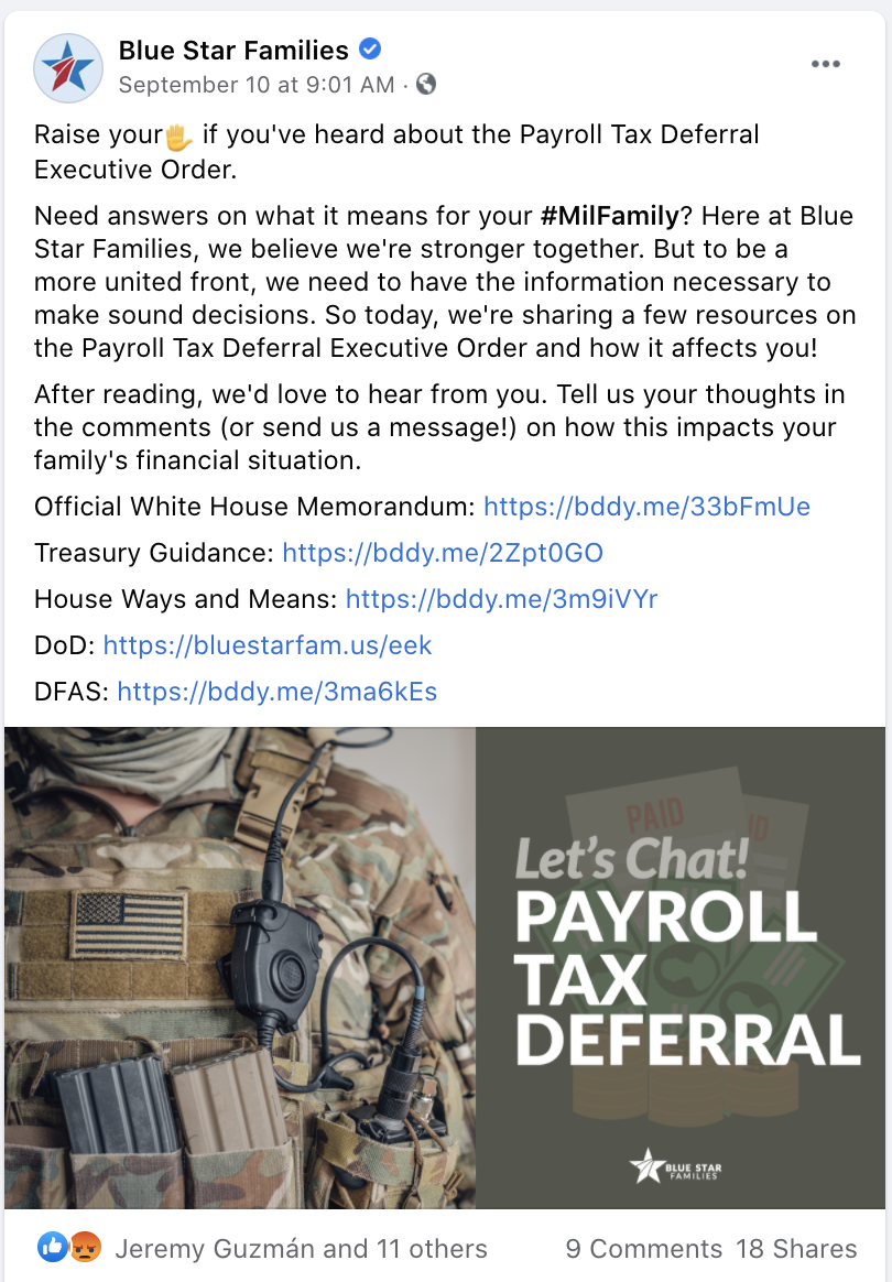 A military uniform with tactical gear and equipment, beside a graphic with the words "Let's Chat! Payroll Tax Deferral" and dollar signs.