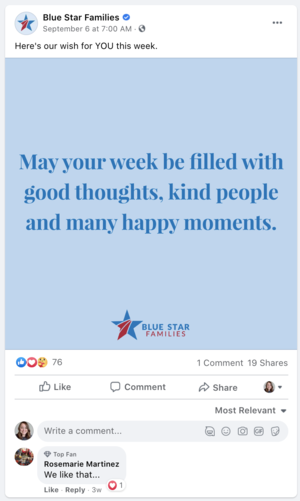 A social media post wishing viewers a week filled with good thoughts, kind people, and happy moments, with Blue Star Families' logo at the bottom.