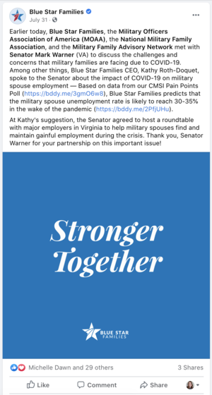 Text-based social media post from Blue Star Families discussing a virtual roundtable with Virginia military families and Senator Mark Warner about COVID-19 challenges and employment issues.