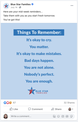 A social media post from Blue Star Families with a motivational message titled "Things To Remember". The message includes affirmations such as 'It's okay to cry,' 'You matter,' and 'You are enough.' The post encourages taking mid-week reminders and o