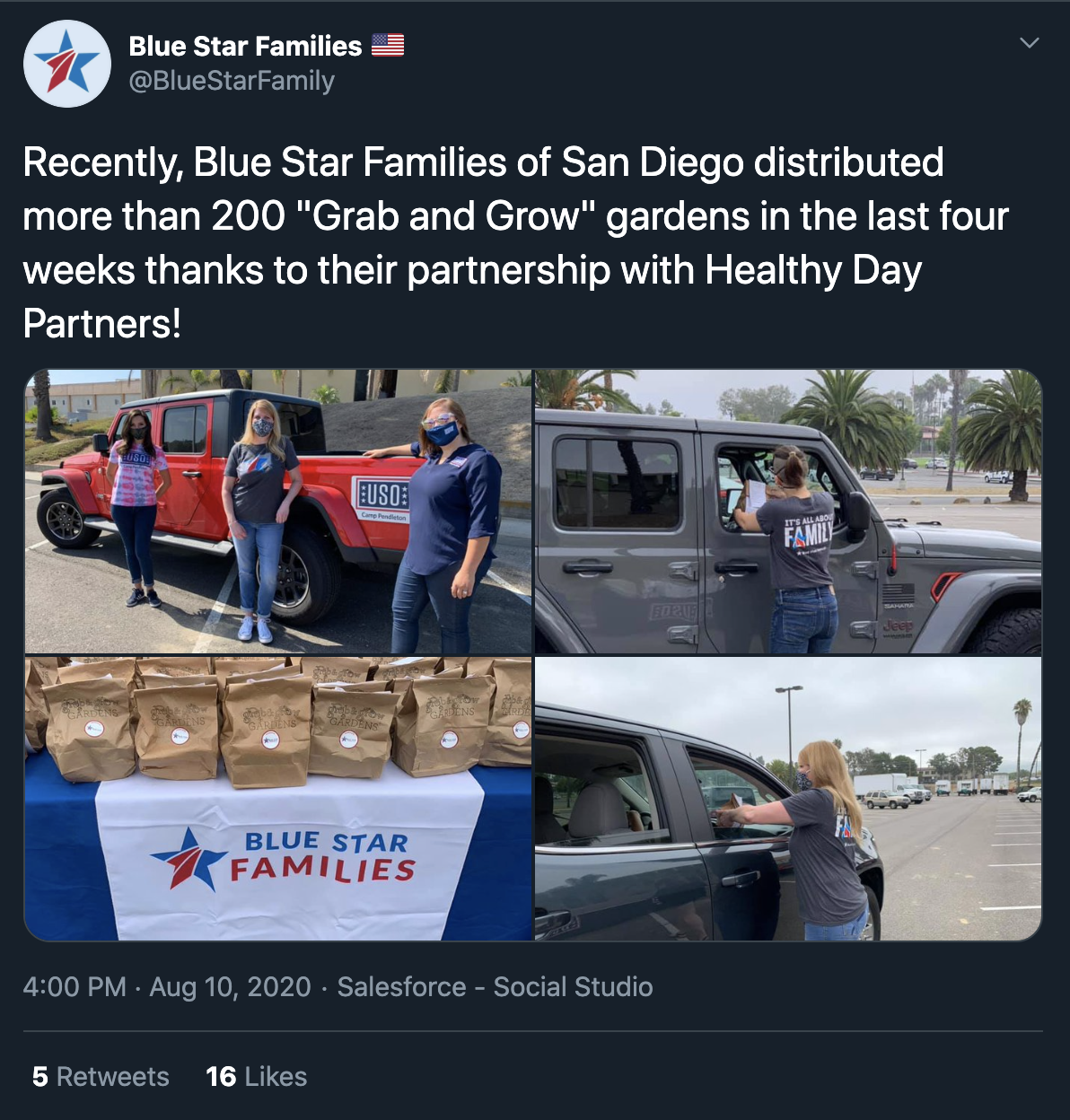 Photos from a food drive event with Blue Star Families. Three women wearing masks and Blue Star Families shirts are seen near a red truck, a woman is talking to a vehicle window, and another woman is placing items into a car. A table with bags labele