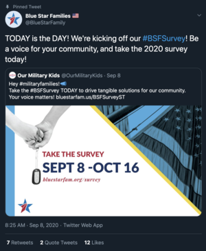 A promotional graphic for the Blue Star Families, encouraging participation in the 2020 survey from September 8 to October 16. It features a hand holding a key, a partial view of a house interior, and text urging military families to take the survey 