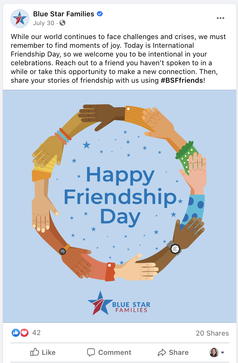A digital illustration celebrating Friendship Day, featuring various hands of different skin tones and accessories forming a circle, with the text "Happy Friendship Day" in the center and the Blue Star Families logo at the bottom.