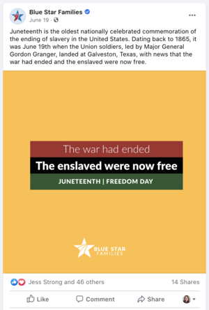 A social media post with a background in orange, red, black, and green, celebrating Juneteenth and freedom for enslaved people, including text that states "The war had ended," "The enslaved were now free," and "Juneteenth | Freedom Day," with a logo 