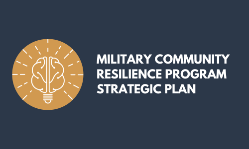 Logo with a brain inside a light bulb next to the text 'Military Community Resilience Program Strategic Plan' on a dark background.